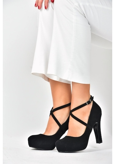 Fox Shoes Siyah/Siyah Nubuk Platform Topuklu Kadın Ayakkabı M3480 (539484041)