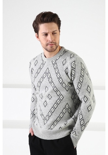 Ferraro A.Gri Kare Desenli %100 Kuzu Yünü Erkek Kazak Açık Gri