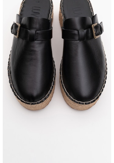 Luvishoes Novas Siyah Cilt Hakiki Deri Burnu Kapalı Hasır Dolgu Taban Terlik Siyah