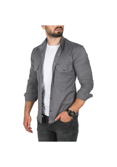 Deepsea Erkek Gri Büyük Beden Pamuklu Likralı Spor Gömlek Dar Kalıp, Çıt Çıt Kapamalı 2500423 Gri