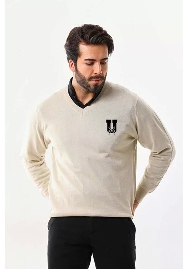 Baskılı V Yaka Uzun Kol Dokuma Triko - Bej Bordo