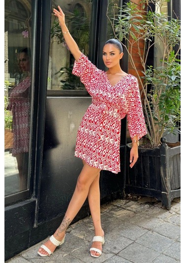 Kadın Kırmızı Etnik Desenli Viskon, Yarasa Kol, Kruvaze Mini Kimono - Kloş Kısa Elbise Kırmızı