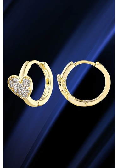 Moom Mücevherat Kadın 14 Ayar Altın Küpe Minimalist Zirkon Taşlı Kalp Temalı Halka Altın Küpe 12 Mm