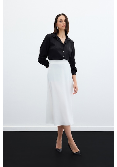 Sateen Midi Boy Saten Etek - Ekru
