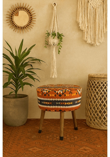 Ustaagac Puf Koltuk Bench Tabure Anadolu Kilim Al- Ahşap Ayaklı Altın - Turuncu