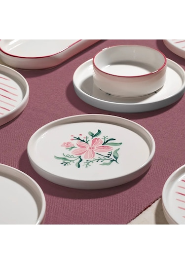 Nehir Line Flowers 6 Kişilik 13 Parça Seramik Kahvaltı Takımı Beyaz - Pembe