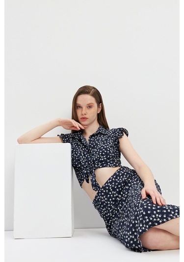 Stella Pulvis Lacivert Desenli Midi Etek Lacivert