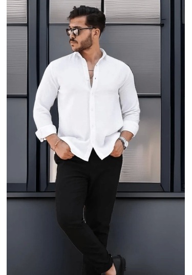 Erkek Müslin Kumaş Uzun Kol Yakalı Beyaz Gömlek Beyaz