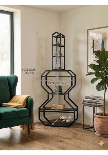 Gitar Ünite Metal Raflı Kitaplık Siyah Mdf