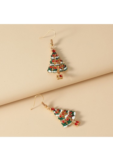 Vkemall Noel Ağaç Desenli Renkli Altın Zincirli Küpe - Noel Partileri Ve Hediyelik Özel Tasarım Gold