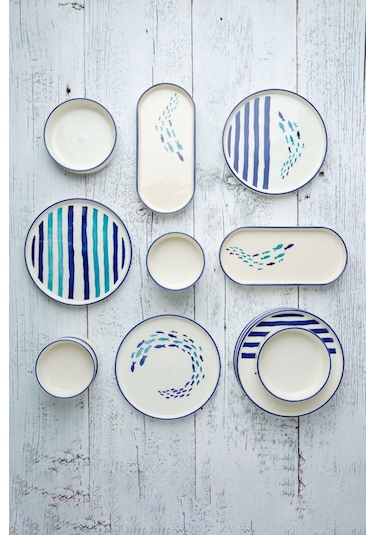 Kevin Seramik Hand Made 14 Parça 6 Kişilik Marin Kahvaltı Takımı Beyaz - Mavi