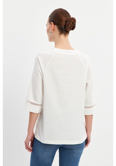 Stella Pulvis Ekru Dantel Detaylı Reglan Kol Bluz Ekru