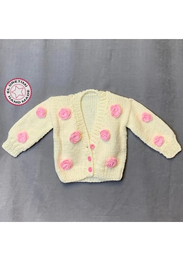 Uretti - Yıldız 7202 - El Örgüsü Çiçek Süslemeli Beyaz Kız Bebek Hırka - 1/2 Yaş Beyaz