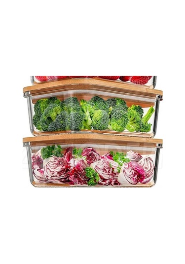 Qerhome Bambu Kapaklı 2'li Diktörtgen Vakumlu Kase Cam Saklama Kabı 1000 Ml Şeffaf