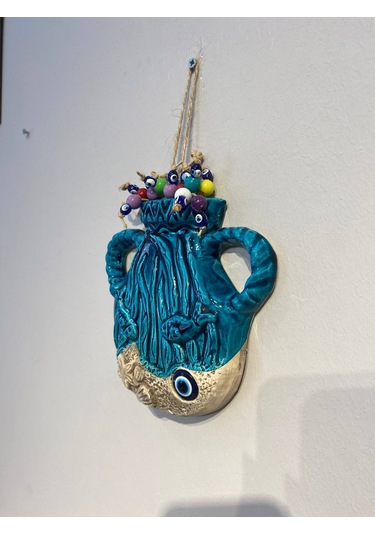 El Yapımı Nazar Boncuğu, Duvar Dekorasyon Ürünü, Seramik, El İşçiliği, Turkuaz Renkte Saksı Desenli -