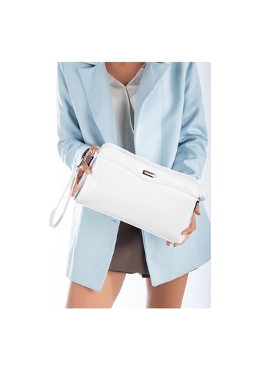 Kadın Portföy Cüzdan Çanta Beyaz Rugan 3 Bölmeli Uzun Kısa Askılı-3228 Beyaz
