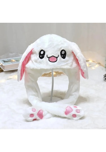 Mj Toys Peluş Tavşan Şapka Kulakları Hareket Eden Işıklı Modlu Beyaz