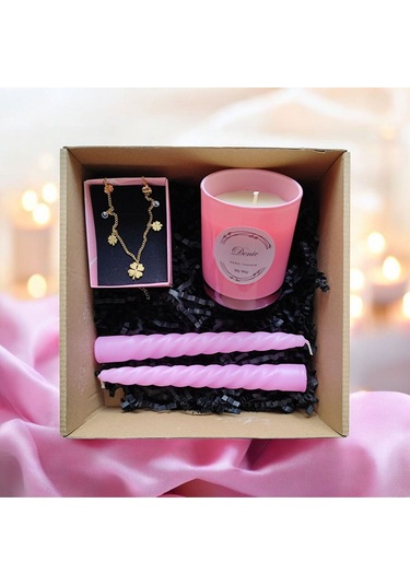 Denic Hediye Seti Kokulu Pembe Bardak Mum Yonca Kolye Burgulu Mum