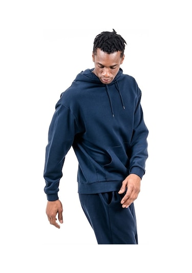 Jahr Marc Lacivert Önü Cepli Kapüşonlu Oversize Erkek Sweatshirt Lacivert