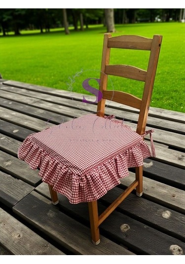 Kırmızı Pitikareli Buldan Yıkanmıs Keten 4 Tarafı Fırfırlı Sandalye Minderi Çok Renkli