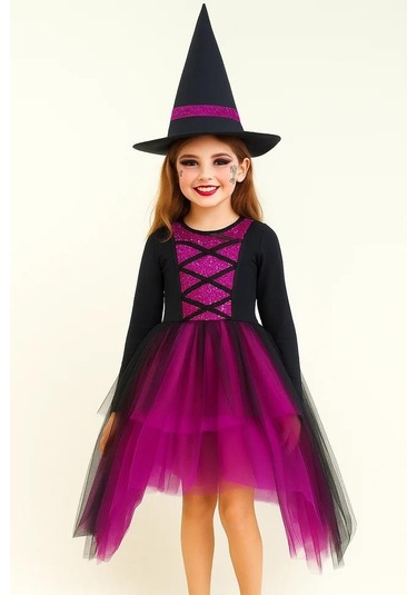 Cadılar Bayramı Halloween Fuşya-siyah Şapkalı Cadı Kız Çocuk Kostümü