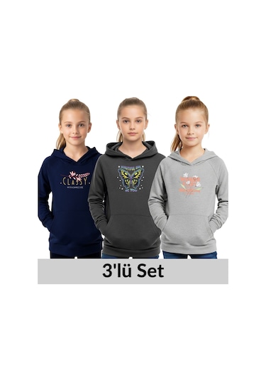 Kapüşonlu 3'lü Kız Çocuk Sweatshirt Cep Detaylı-baskılı Çok Renkli