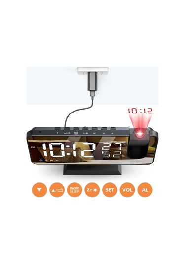 Vkemall 7' Led Ayna Ekranlı 180 Projeksiyonlu Saat, Fm Radyo, İki Alarm, Usb Şarj, Uyku Fonksiyonu - Altın