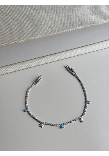 Yıldız Figürlü Mavi Taş Detaylı Gümüş Renk Çelik Bileklik Zarif Kadın Takı Gümüş