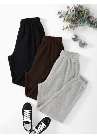 3'lü Basic Düz Eşofman Altı Jogger - Siyah Kahve Gri Lastik Paça Yüksel Bel Siyah Kahve Gri