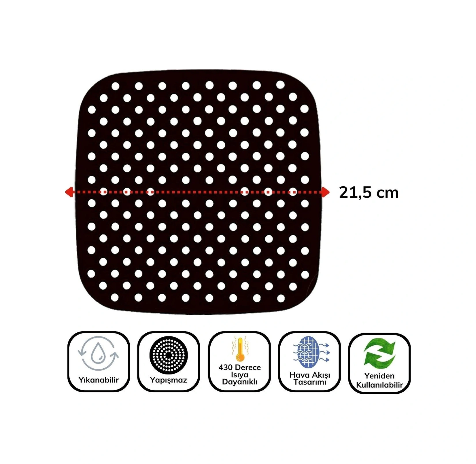 Siyah Isıya Dayanıklı Yıkanılabilir Silikon Fırın Ve Airfryer Kare Model Pişirme Matı 21,5 Cm