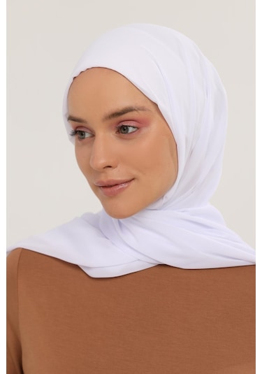 Hazır Pratik Lüks Geçmeli Lastikli Boneli Şifon Şal Beyaz