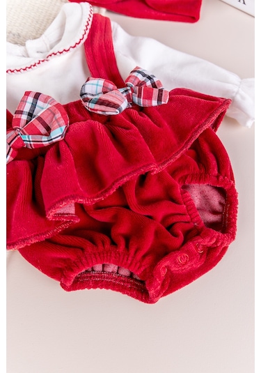 Fiyonklu Bandanalı Kadife Kız Bebek Tulum Salopet Bebek Elbise Kırmızı