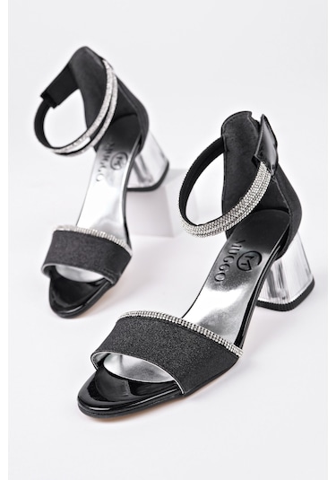 Muggo Noşa Bilekten Bağlamalı Simli Kız Çocuk Kısa Topuklu Ayakkabı Siyah