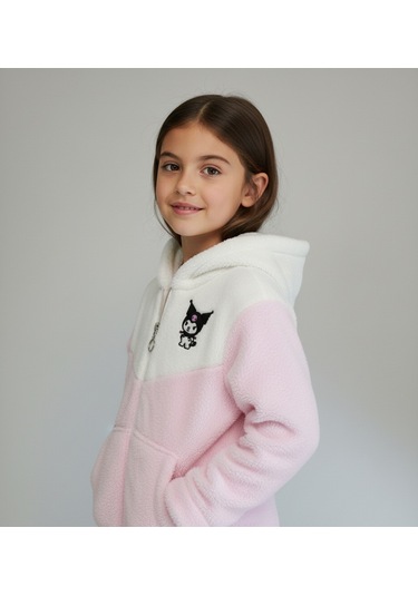 Kuromi Nakışlı Çift Renk Pelüş Kapüşonlu Kız Çocuk Hırka Açık Pembe