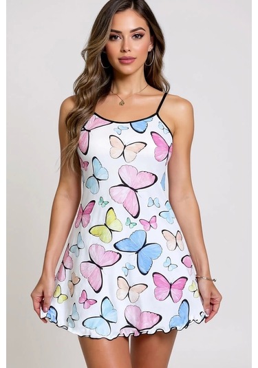 Renkli Kelebek Desenli Askılı Kadın Gecelik Renkli