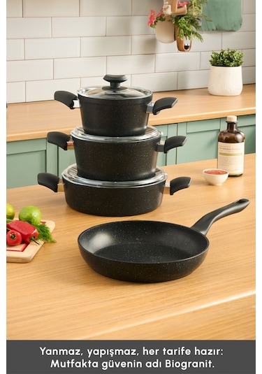 Karaca  Biogranit Defne V2 7 Parça Tencere ve Tava Seti Siyah