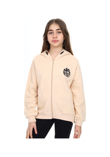 Toontoy Kız Çocuk Kapüşonlu Fermuarlı Düşük Omuz Nakış Baskılı Yırtmaç Detaylı Örme Hırka - 3 İplik Şardonsuz Bej