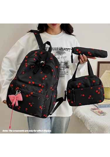 Maxaccess 3 Parça Kiraz Desenli Sırt Çantası + El Çantası + Kalem Kutusu Krem Beyaz