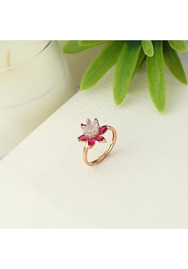 Zanaatsilver 925 Ayar Gümüş Rubi Taşlı Rose Lotus Nilüfer Çiçeği Yüzük