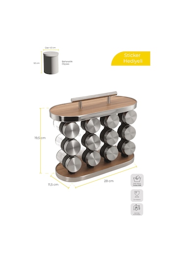 Ahşap Döner Standlı Oval Cam Metal Kapaklı Casa Wood 12 Li Standlı Baharatlık Düzenleyici Ahşap - Gri