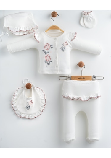 Kız Bebek Yeni Doğan Beyaz Gül Nakışlı Fırfırlı Hastane Çıkışı Beyaz