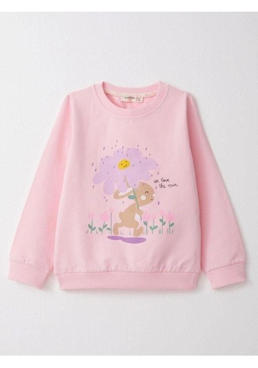 Kız Çocuk Çiçek Desenli Pamuklu Eşofman Takım-14584 Pembe