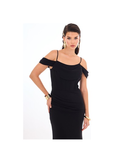 Carmen Kadın Askılı Uzun Şifon Abiye Elbise 58464 Siyah Siyah