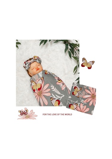 Neevoyu Bebe Bebek Battaniye Seti: Protein Lifli 80x80cm Sıcak Tutucu Battaniye + Şapka + Saç Bantı, Gri Arka Planlı Kelebek Desenli 3'lü Paket Gri