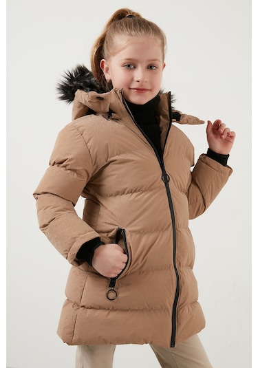 Lela Yakası Suni Kürklü Peluş Astarlı Çıkarılabilir Kapüşonlu Dar Kesim Kışlık Kız Çocuk Mont 5760002 Vizon