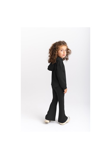 Oliventhekid İspanyol Paça Kapüşonlu Modal Kız Çocuk Takım Siyah Siyah