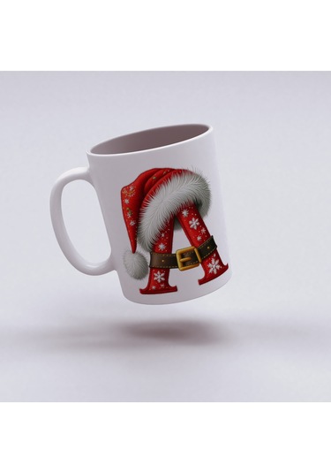 A Harfi Yılbaşı Temalı Bardak 330 Ml Harfli Kişiye Özel Hediye - Yeniyıl / Noel Şapka Tasarım Beyaz