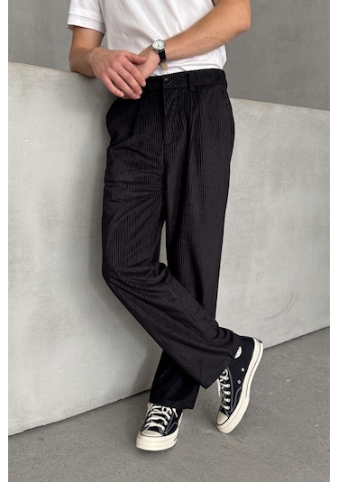 Erkek Pileli Baggy Kalıp Kadife Pantolon Siyah