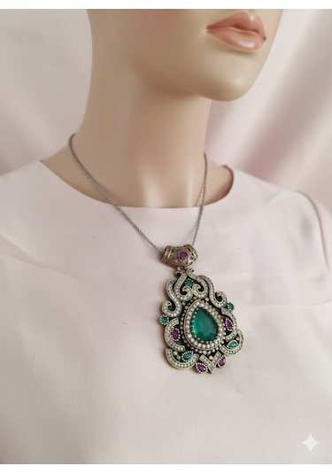 Zümrüt, Lal Ve Zirkon Taşlı Kolye Bronz