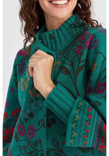 Desen Triko Kadın Dik Yaka Sarmaşık Çiçekli Yün Ceket 23017 A.ö. Başı Çok Renkli